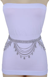 Multi Strand Side Waves Leaf Charms Metal Chain Belt